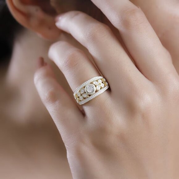 White Diamond Accent Ring in 18K YG Plated and Platinum Bond over Brass Size 9 - Picture 2 of 4